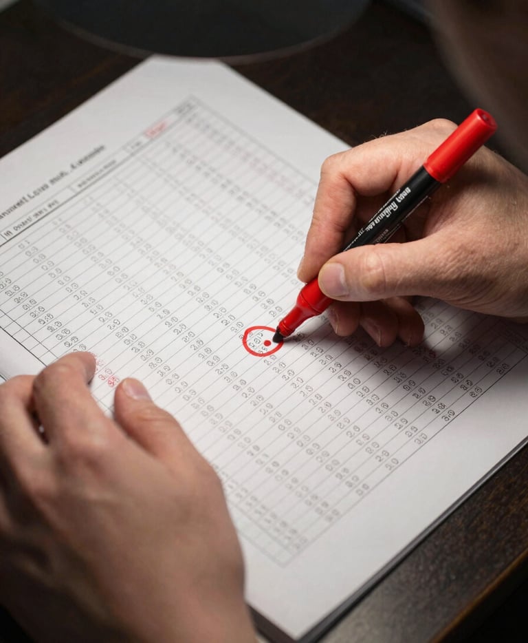 Close-up overhead composition of hands annotating a printed spreadsheet with columns of account data under a focused desk lamp, a red marker circling a flagged entry, dark desk surface visible at the edges