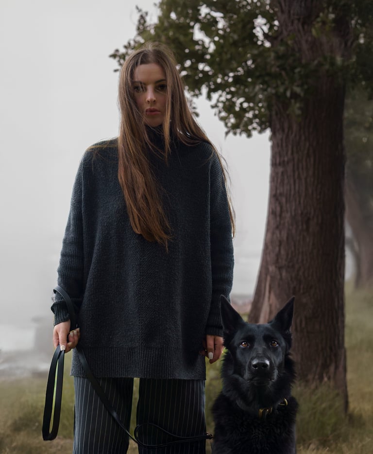 A woman in an oversized sweater stands with her black dog pet photography in Wakefield