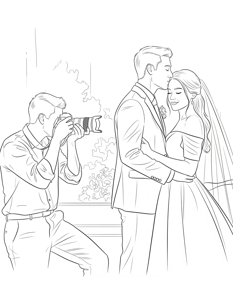 Line work illustration of a photographer taking a picture of a couple at their wedding.