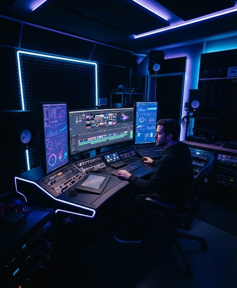 Wide shot of a high-tech dark creative studio, glowing screens displaying data dashboards and video editing timelines, electric blue and violet neon accents, ultra-modern high-contrast aesthetic, 35mm.