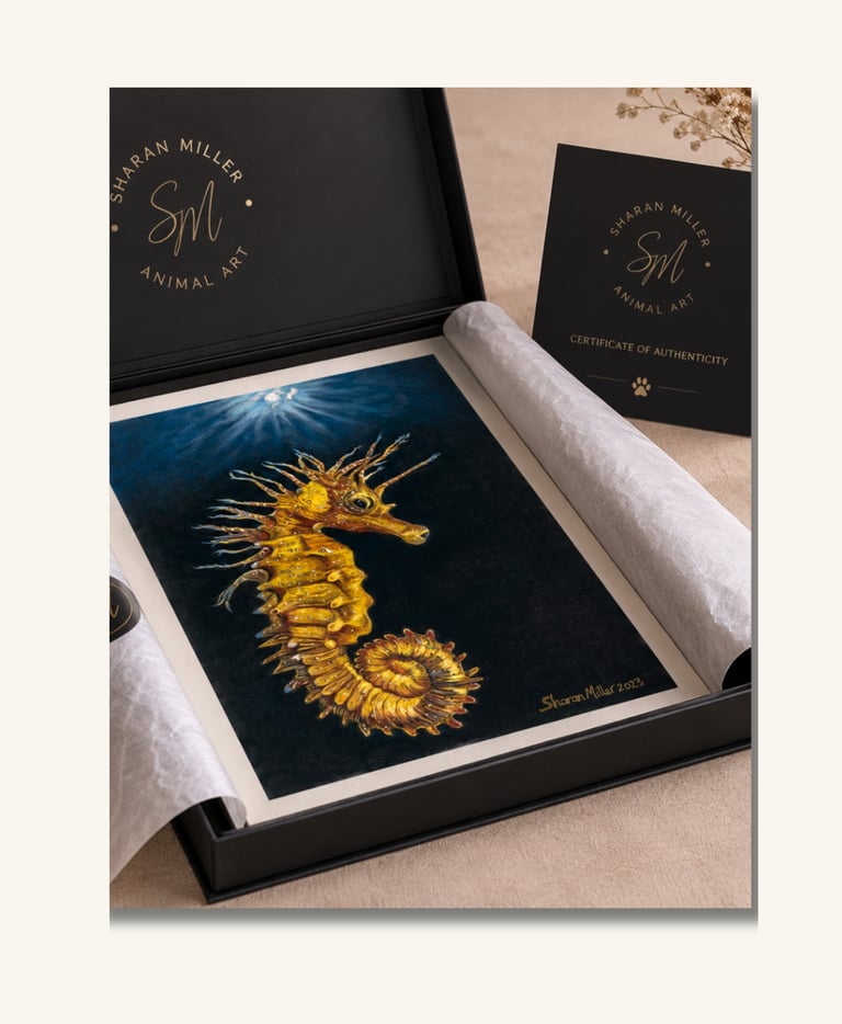 Original seahorse artwork carefully packaged and prepared for worldwide delivery.