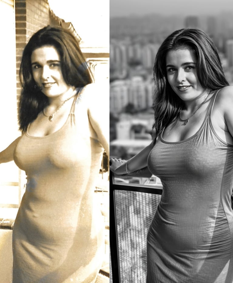 Side-by-side photo restoration showing a vintage portrait enhanced into a sharp black and white image.