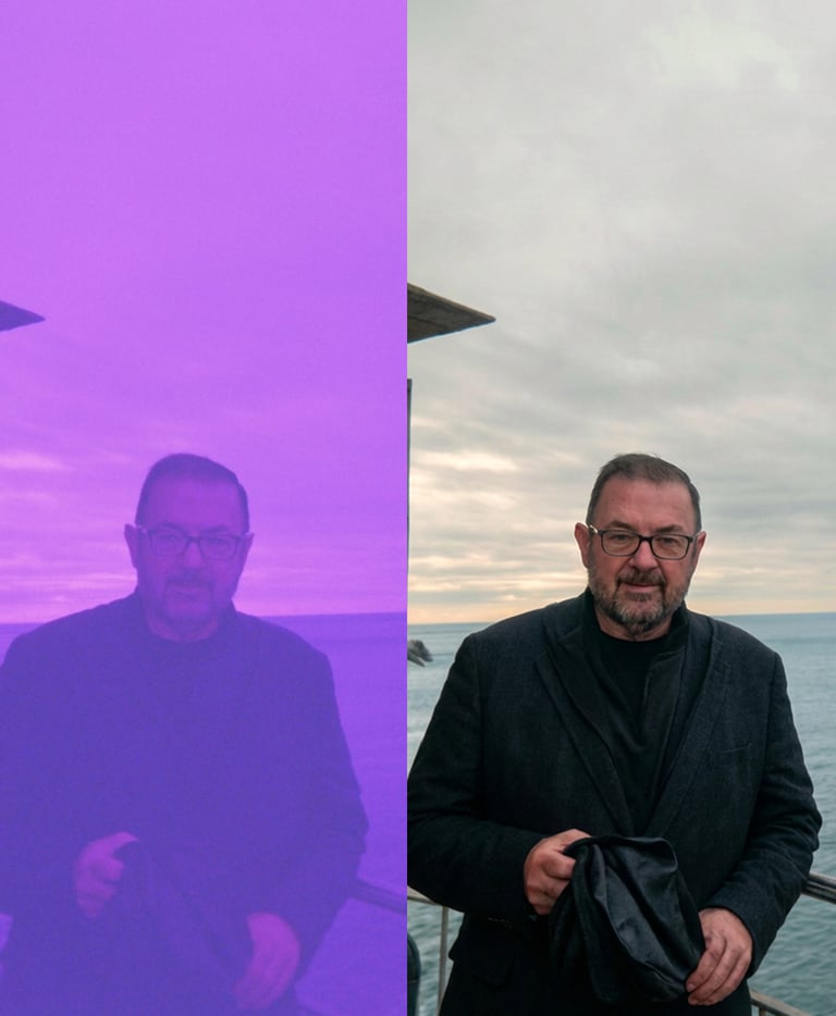 Side-by-side comparison of a man by the sea with a purple color cast filter and a natural edit.