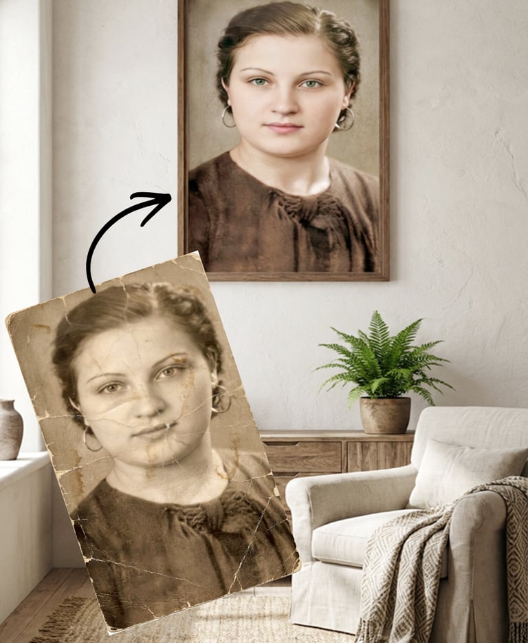 A vintage photo restoration showing a damaged black and white portrait transformed into a framed color photo.