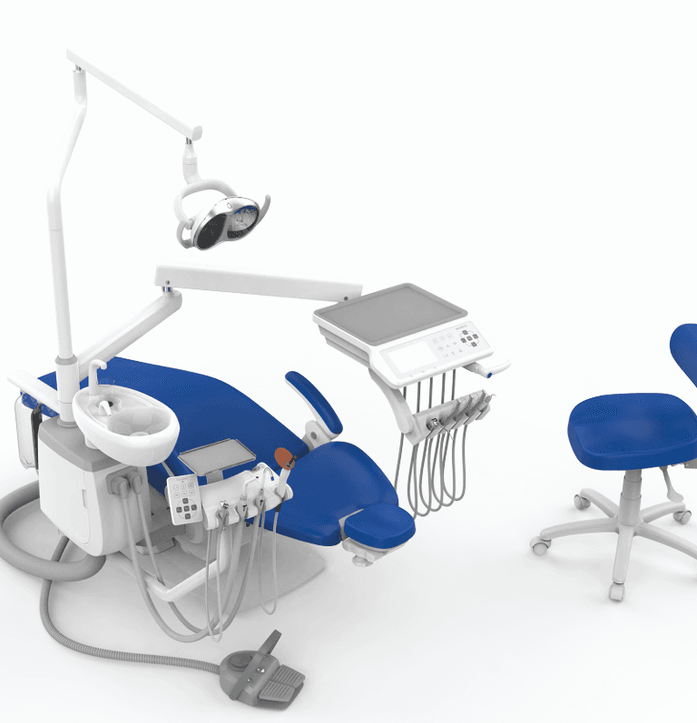 Professional blue dental chair unit with overhead LED light, delivery system, and dentist stool.