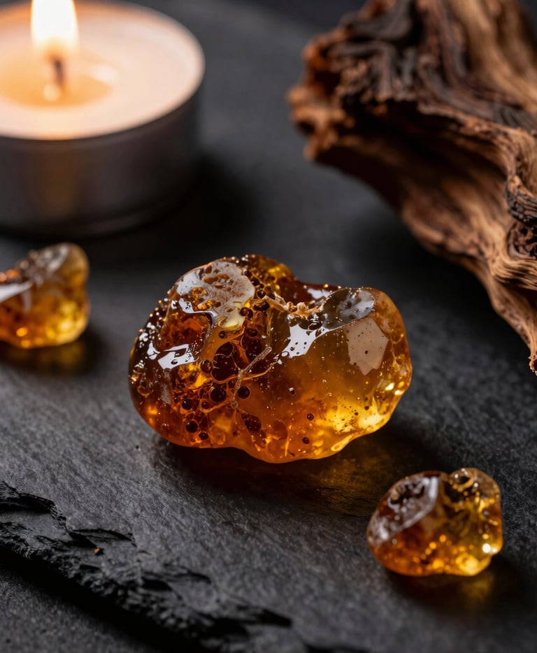 Extreme close-up of raw amber resin blocks and aged oud wood on a dark slate surface, dramatic candlelight, rich textures, low-key luxurious photography