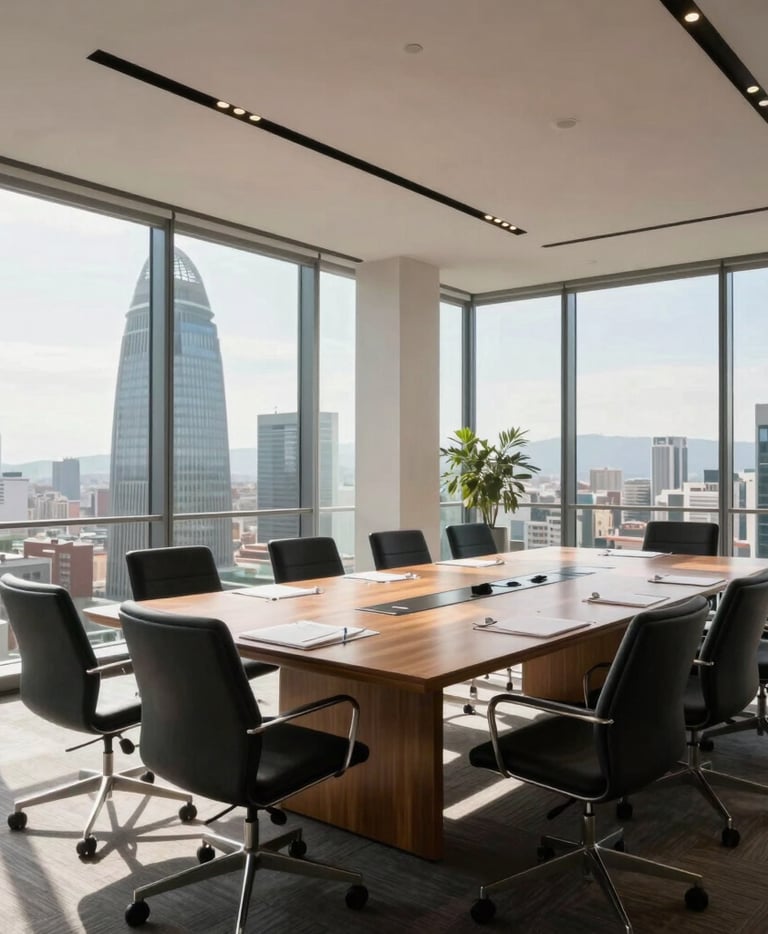 A wide-angle shot of a sophisticated, modern boardroom in a Barcelona skyscraper. Sunlight flows through large windows, highlighting a clean, professional atmosphere. Iberian Peninsula / Spanish.