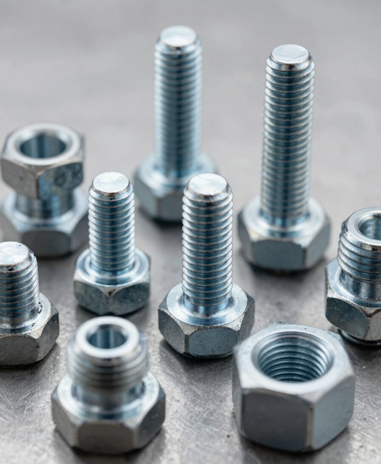 Extreme close-up of industrial spare parts — threaded steel bolts, flanged fittings and machined couplings arranged on a clean grey steel surface under even neutral studio light, sharp focus on the material finish and machined tolerances, no people