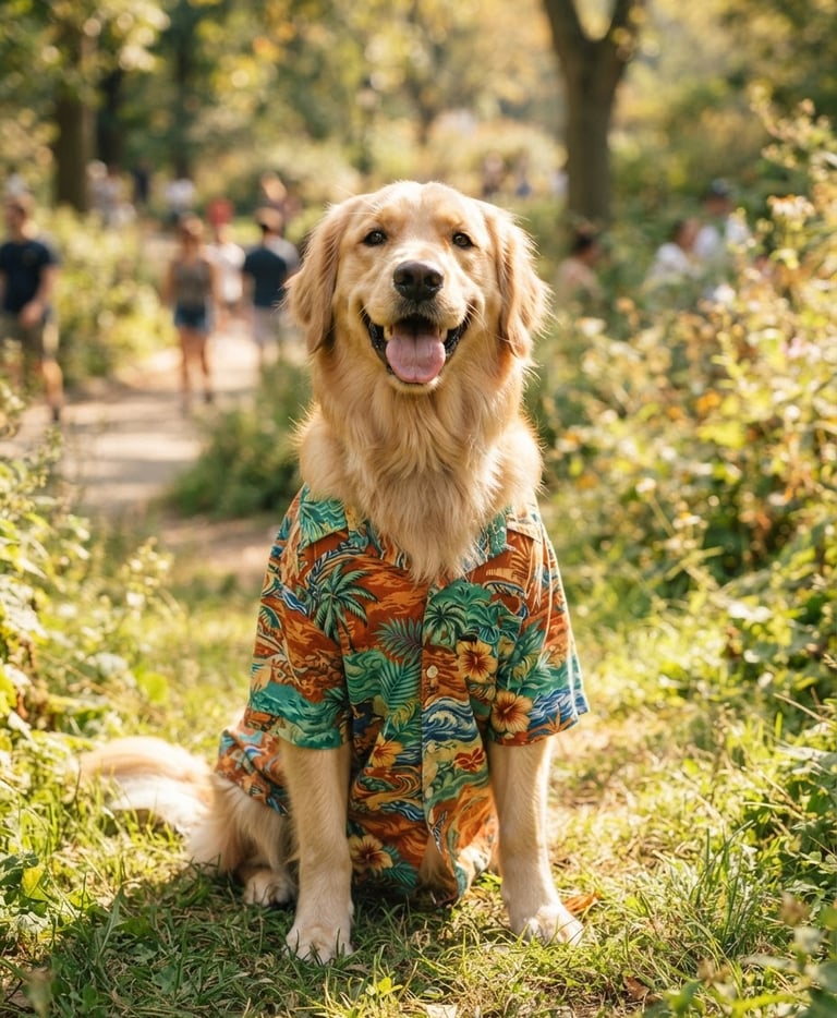 Perro feliz usando una camisa playera vibrante, colores sienna y verde, en un parque soleado, con enfoque en el ajuste cómodo de la prenda y su expresión alegre.