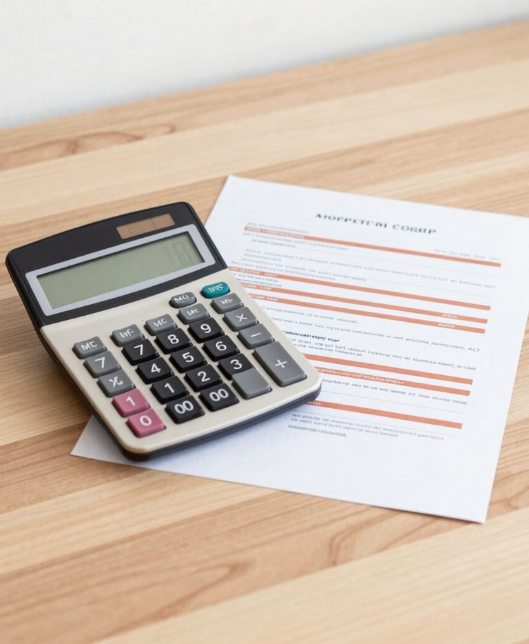 Minimalist financial photography of a clean wooden desk with a financial calculator showing precise numbers, a printed property contract with key tax figures highlighted in terracotta orange, soft natural office light, 35mm