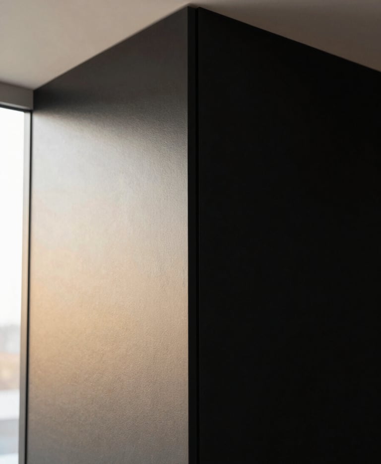 Close-up of a perfectly smooth, freshly painted wall corner in a modern Belgian interior, with light catching the flawless surface, geometric framing, high-contrast black and gold tones, editorial style.