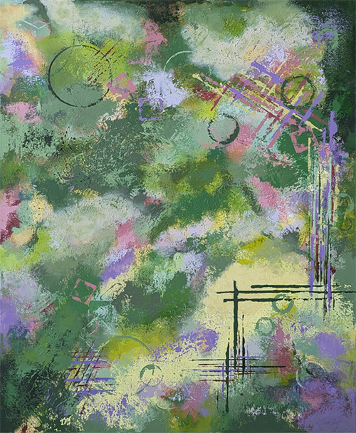 Abstract in greens with pink, purple, yellow accents