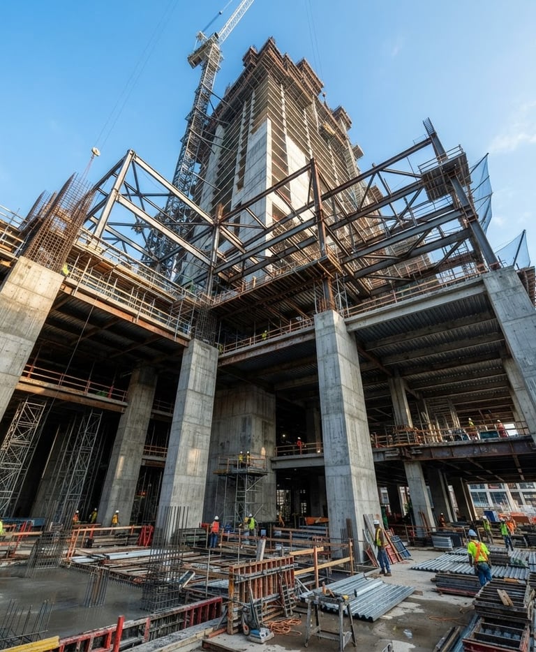 Wide-angle architectural photograph of a massive concrete and steel building structure under crisp morning light, low-angle perspective emphasizing scale, clean active construction site.