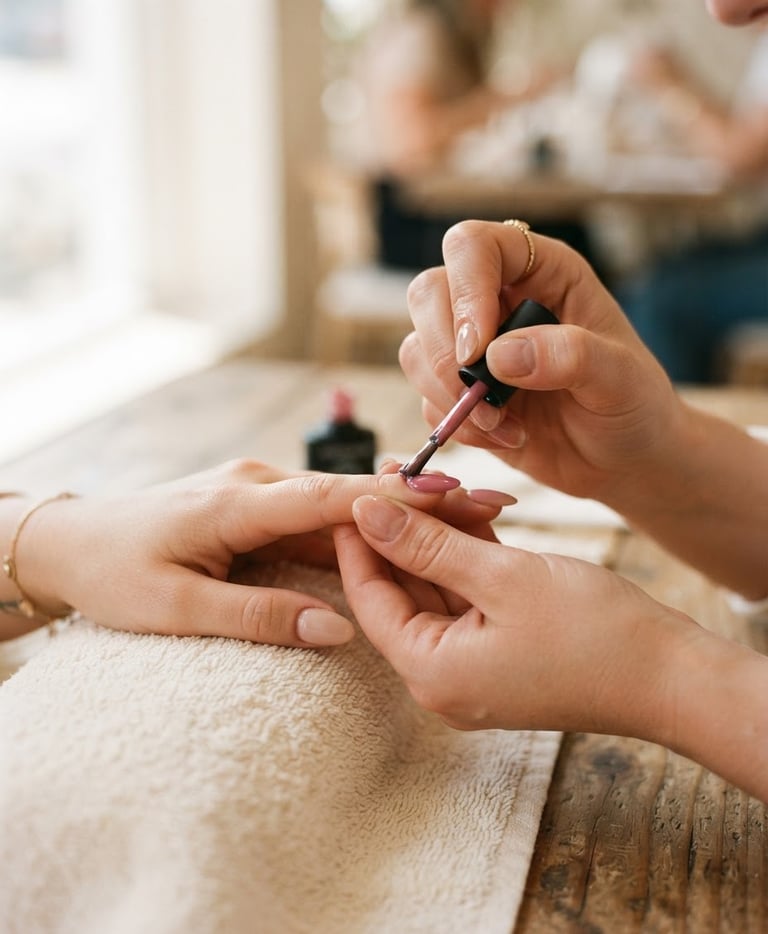 Close-up of a manicurist's hands meticulously applying gel polish to a client's nail, with soft natural window light illuminating the scene, shallow depth of field, rich cream and pink tones.