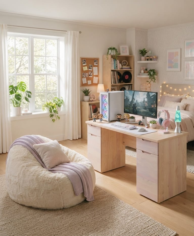 Bright editorial photography of a styled teen bedroom, pastel-washed maple gaming desk on the right, soft faux-fur lounger in the foreground, diffused afternoon window light, clean composition, 35mm lens.