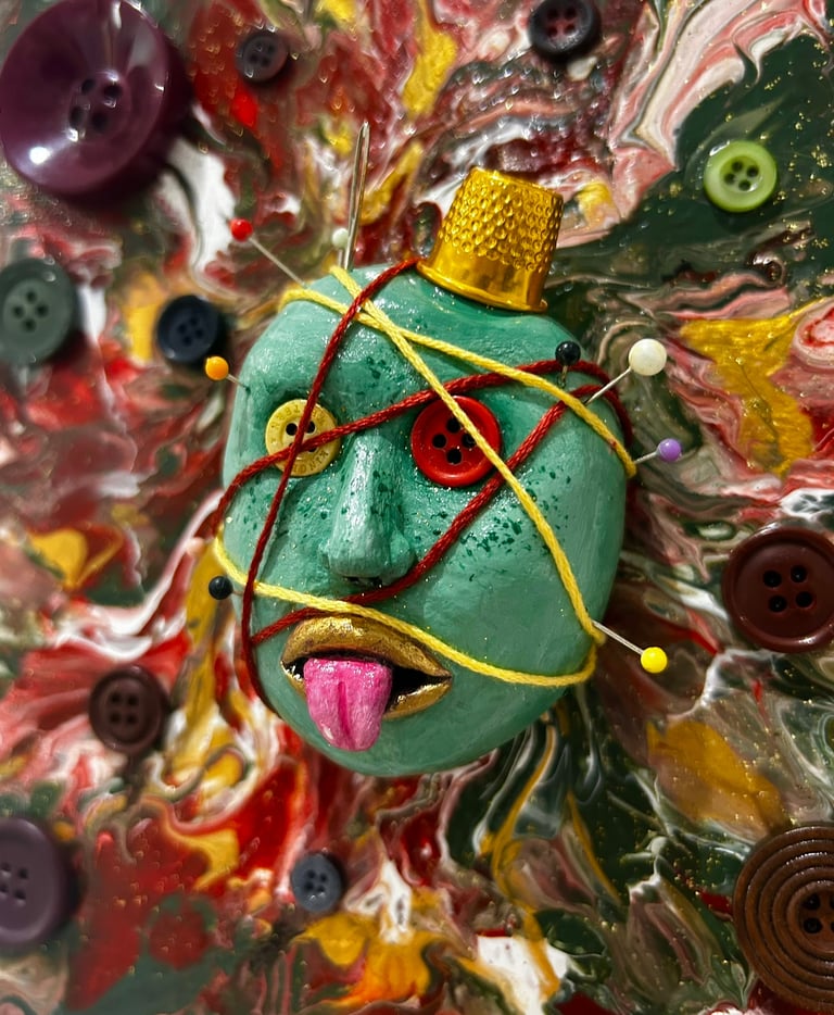 a green and yellow eyes with buttons