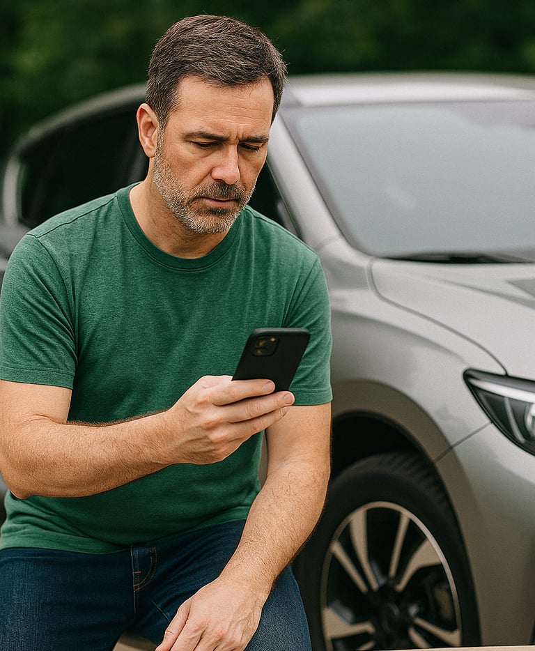 Homem preocupado com chave de carro perdida, olhando o celular.