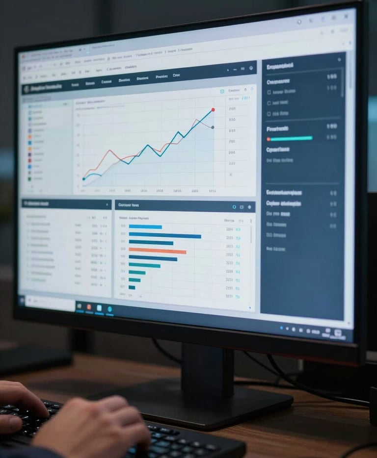 Close-up of a wide monitor displaying a live enterprise dashboard mid-analysis, data tables and trend charts visible on screen, cool blue-tinted studio lighting, hands resting at keyboard edge in foreground, dark workspace context
