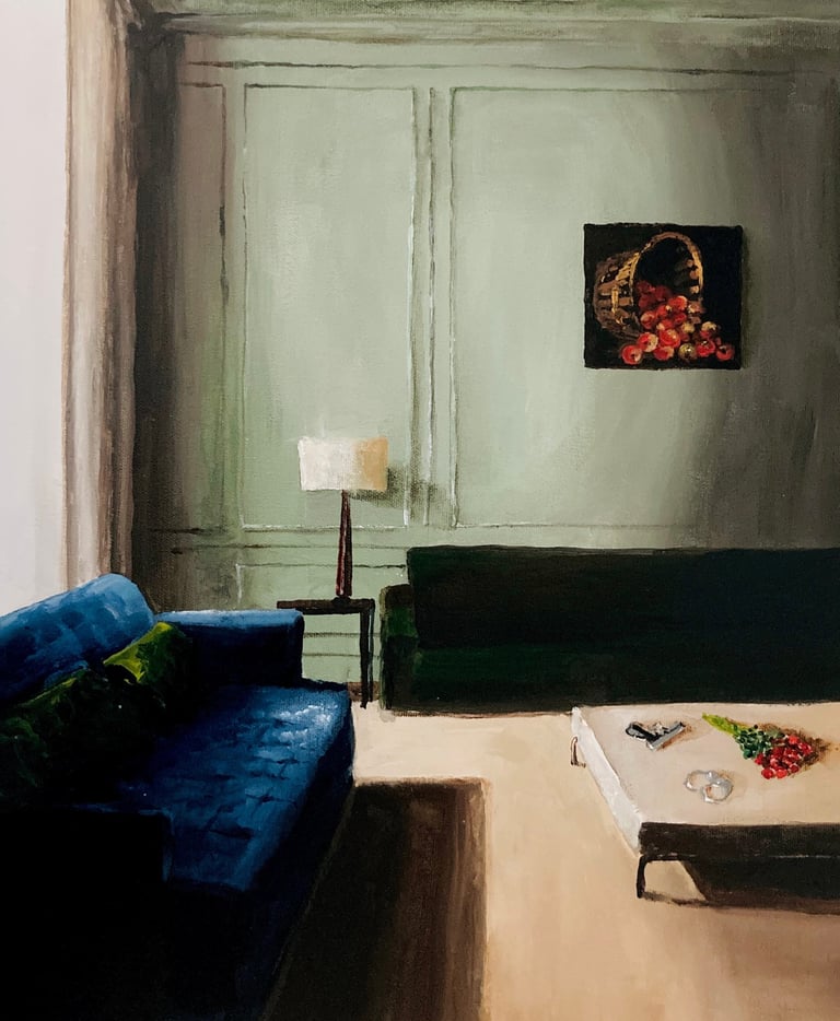 a painting of a living room with a couch and a table with hun, roses and handcuffs 