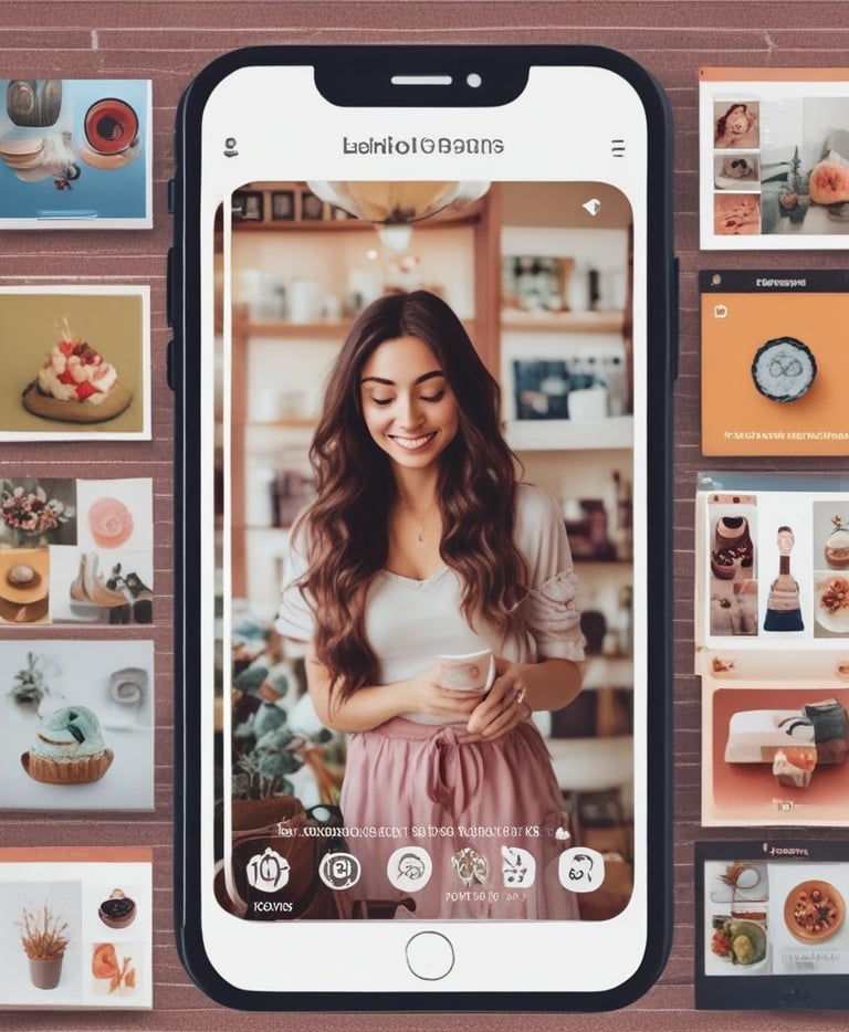 A smartphone displaying a social media profile is placed on a wooden table next to a laptop. The profile includes a picture, name, and details about a creator and photographer. The blue and white interface is visible on the phone screen.