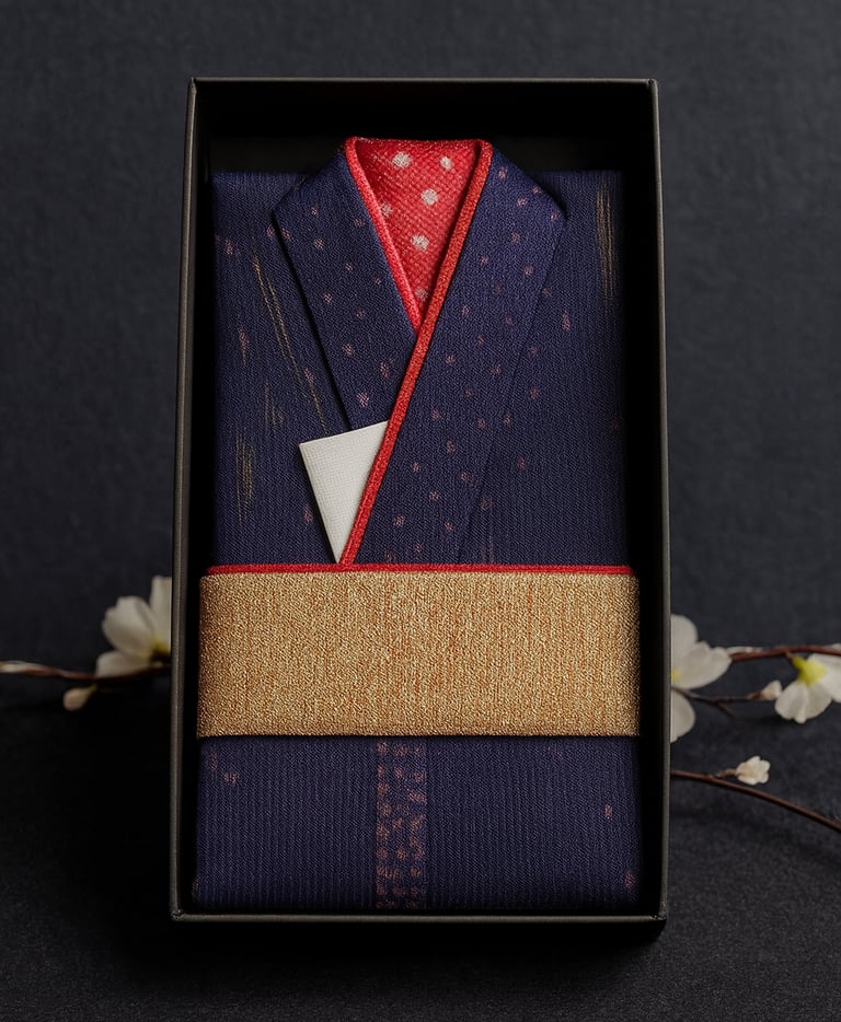 "Edle Kimono-Geschenkbox aus Stoff mit dunkelblauem Muster, rotem Kragen und goldener Stoffbinde, ja
