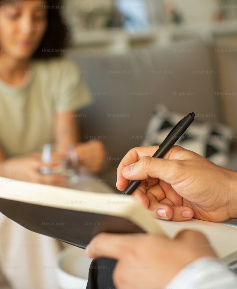 a woman and woman sitting on a couch with a pen in their hands