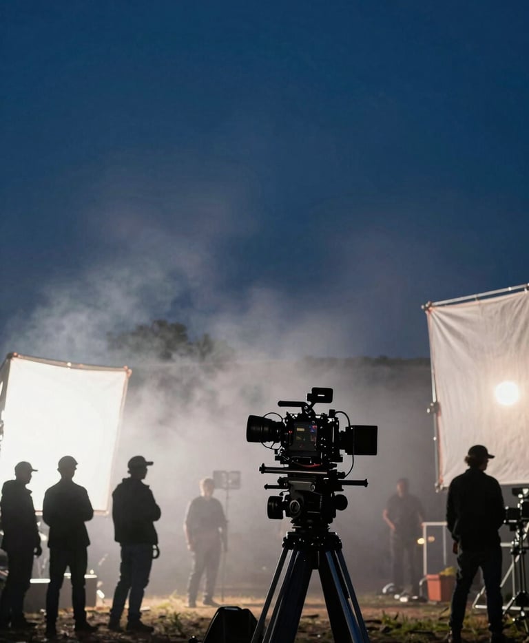 A cinematic low-angle shot of a professional film set at night. Sky blue lens flares, mist white silhouettes of production crew against dark navy equipment.