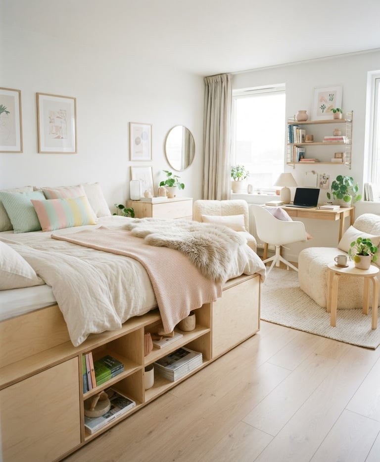 Bright, high-key teen bedroom with a storage-integrated bed in light birch wood, pastel accents, and faux fur loungers, soft natural daylight, clean Scandinavian interior, 35mm lens, expansive view showing organized space, furniture to the right, bed in foreground.