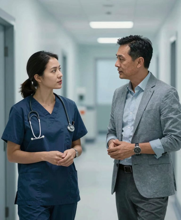 Two healthcare professionals in a North American / US clinic hallway engaged in a brief, professional discussion, wearing business casual attire, soft natural lighting with light blue-grey tones.