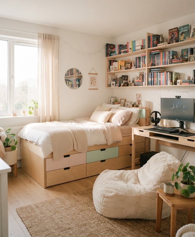 Sunlit teen bedroom, pastel wood storage bed with integrated drawers, gaming desk with monitor, floating bookshelves filled with colorful novels, soft faux fur bean bag lounger, medium-wide environmental shot, soft morning light, light wood textures, Scandinavian-inspired minimalism.