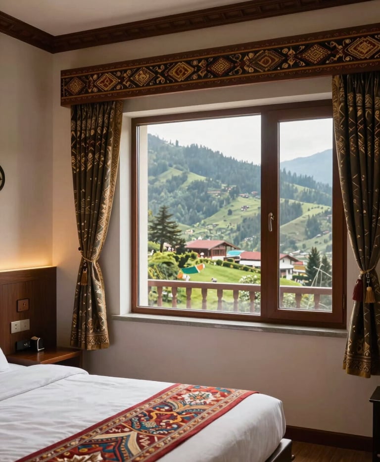 A comfortable and modern hotel room with traditional South Asian / Indian decor accents, featuring a window overlooking a peaceful mountain valley in Shimla.