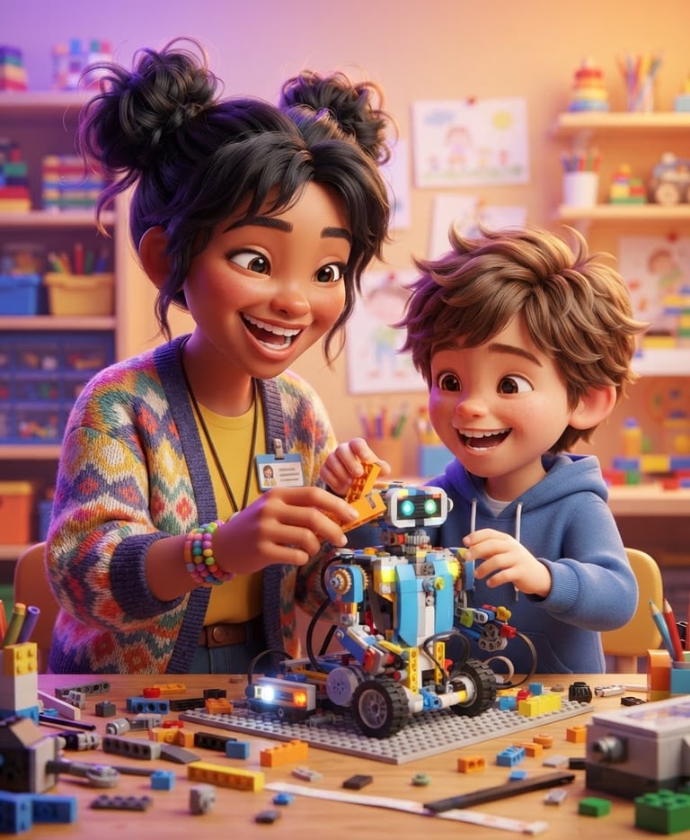 Playful 3D render of a Pixar-style chibi character, a young energetic educator with a child actively building a robot with LEGO bricks, bright studio lighting with purple and orange rim lights, focus on joyful expressions and working hands.