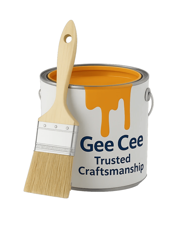 Gee Cee Painting logo featuring a wooden brush, a white paint can with orange drips labeled ‘Gee Cee Trusted Craftsmanship.’
