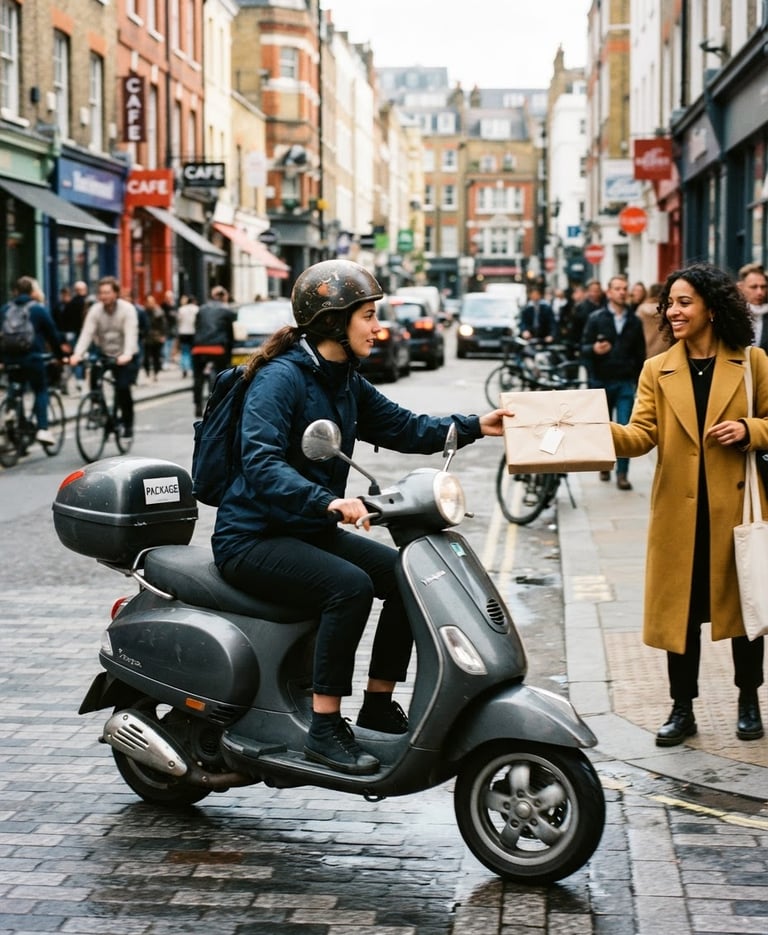 Dynamic action shot of a courier on a scooter in a vibrant urban street, delivering a fashion package, bright natural city daylight, high-contrast modern tones, wide-angle action shot, 35mm film.