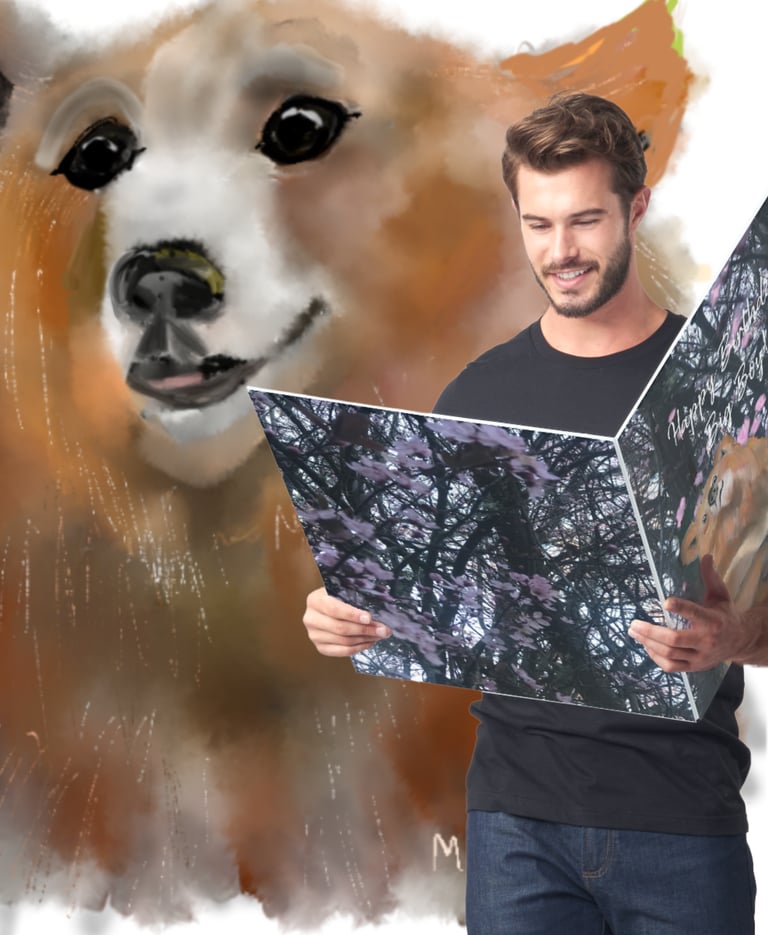 a man holding a picture of a bear