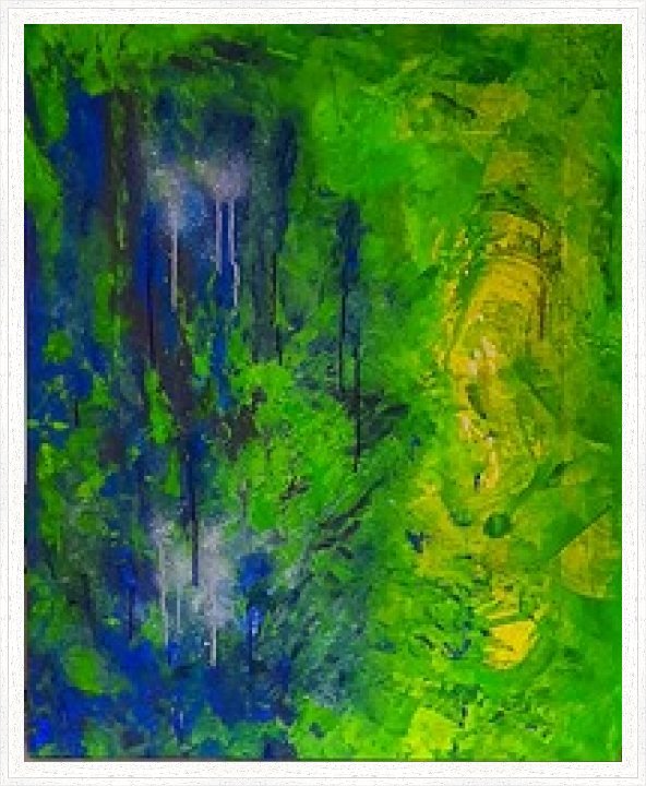 Peinture abstraite acrylique évoquant des brumes et une lumière diffuse en transformation