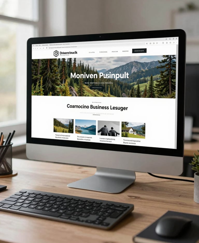 Wide environmental shot of a designer's workspace, a large monitor displaying a Hungarian business website layout in progress, natural daylight from a side window, keyboard and notebook in the foreground, clean and focused