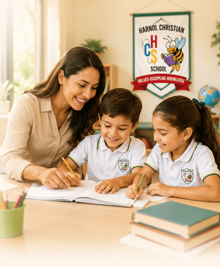 maestra y alumnos de harnol christian school