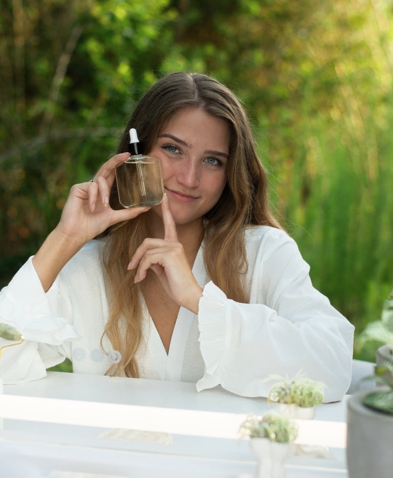 A woman holding a bottle of natural facial oil serum for skincare routine outdoors.