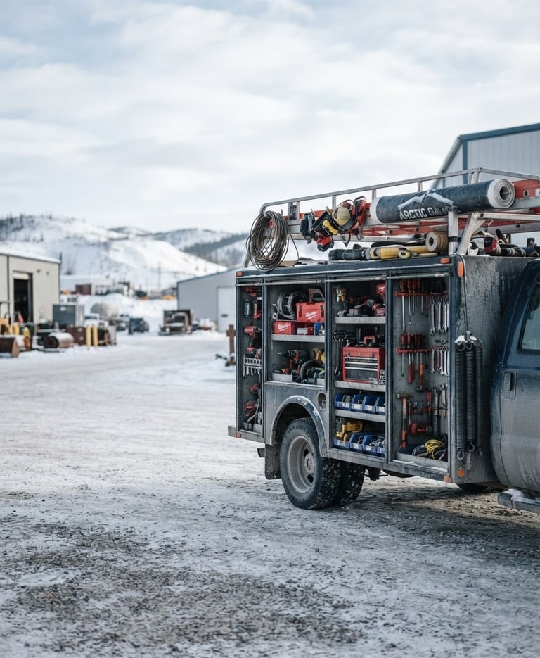 Wide panoramic shot of a fully stocked Arctic Garage Door's service truck, organized tools and heavy-duty parts visible, bright natural outdoor daylight, crisp cool tones, high contrast, shallow depth of field, 50mm lens, right third of frame.