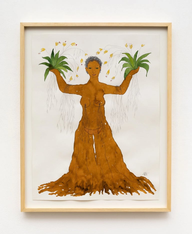 Figura feminina e elementos naturais – Rosana Paulino