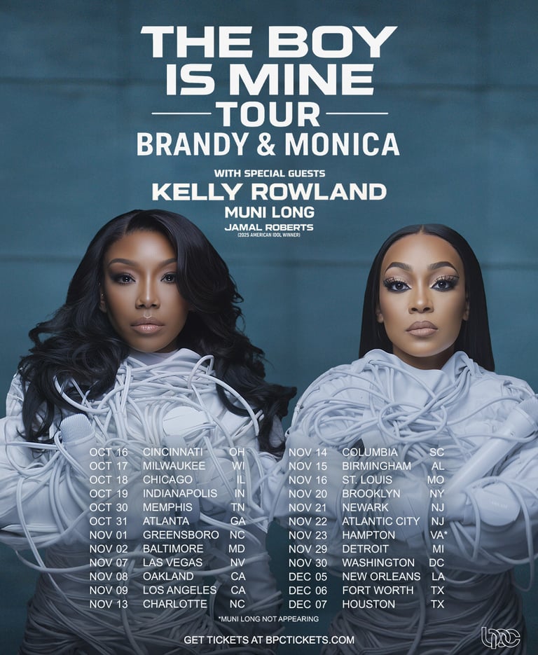 Publicity graphic promoting Brandy and Monica tour dates and locations.