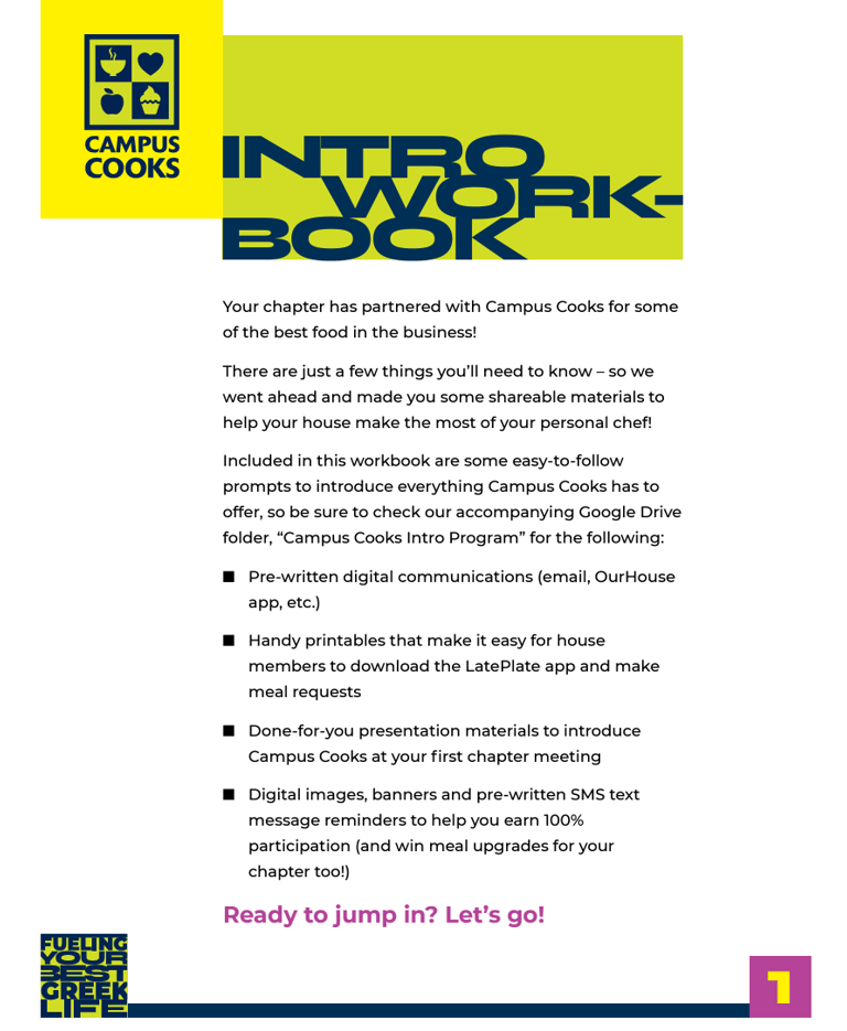 First page of an intro workbook pdf for Campus Cooks.