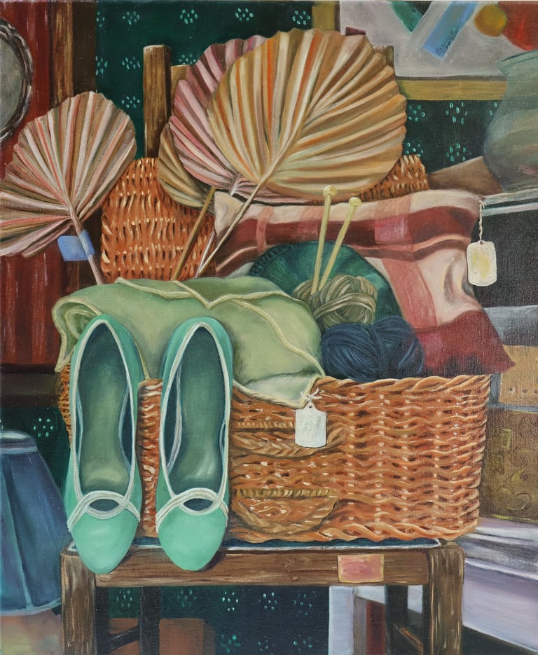 In her beloved teal shoes she danced all night. Oil on linen. 60 x 50 cm.  Sold