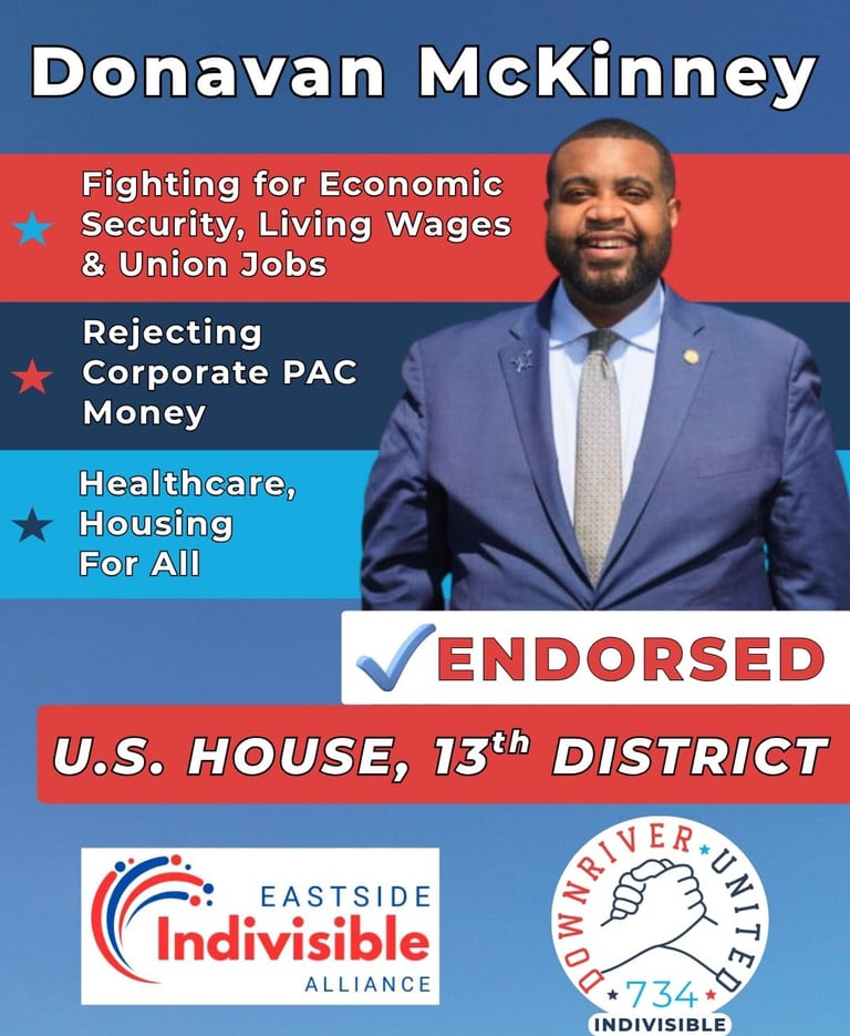 Eastside Indivisible Alliance and Downriver United Indivisible 734 endorse Donavan McKinney
