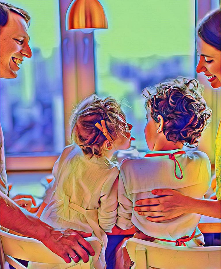 a family of two children sitting at a dinner table