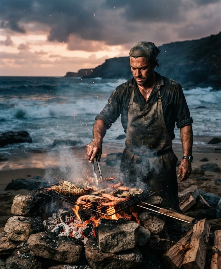 Retrato dramático de un chef concentrado, cocinando mariscos sobre brasas en la playa al atardecer, olas rompiendo al fondo, humo y chispas, luz natural de alto contraste.
