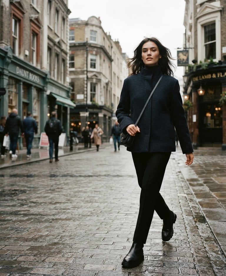 A stylish model wearing a structured, minimalist MOFLIHOON jacket, walking confidently down a cobbled London street under overcast daylight. The jacket's fabric texture is visible, and the model is placed off-center to the right, with architectural buildings in the soft background. Editorial fashion photography, muted neutral tones, high-contrast shadows, 35mm film grain, sharp focus.