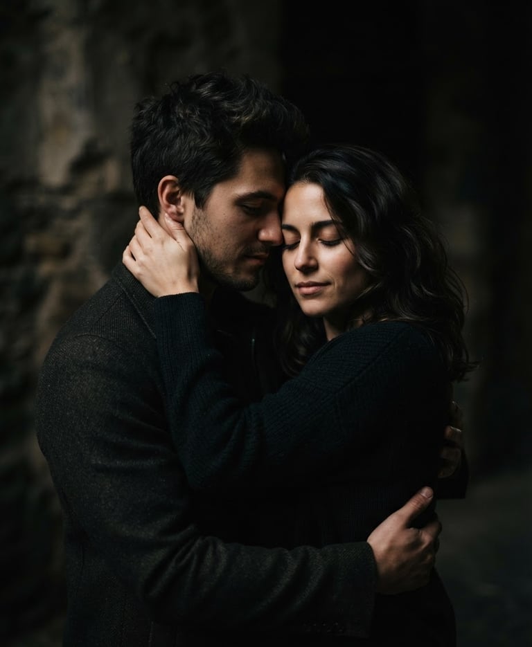 Retrato cinematográfico de una pareja en un abrazo íntimo, luz de clave baja lateral, sombras profundas, fondo oscuro, enfoque nítido, 85mm lens.