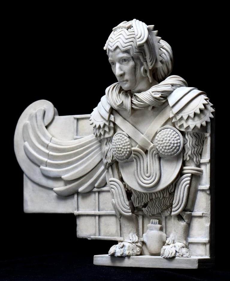 Small ceramic wall sculpture of a winged female Sphinx; left quarter view.